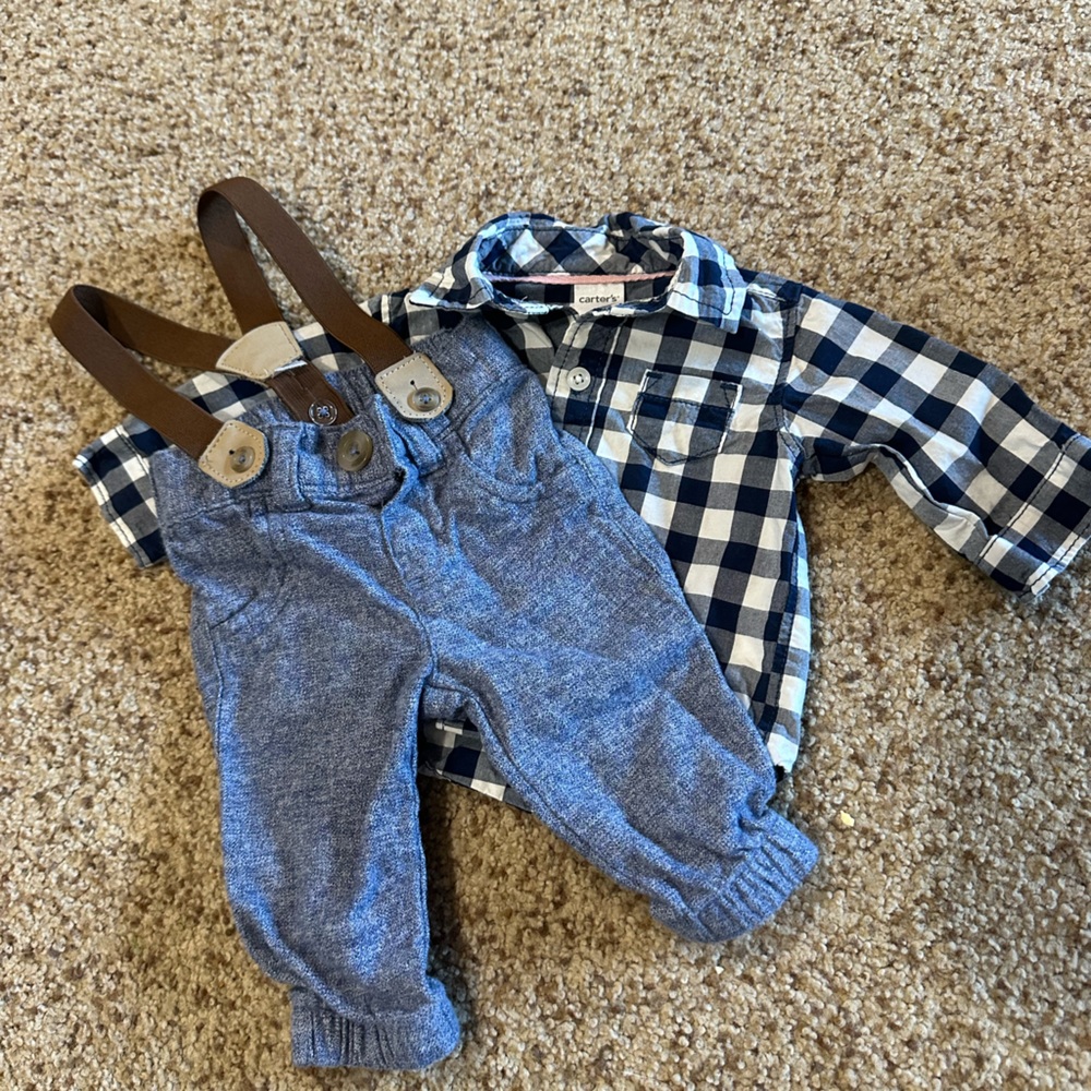 Plaid Shirt and Suspender Pants Set
